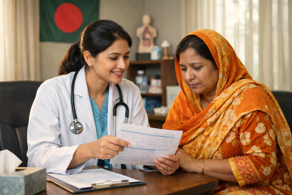 বাংলাদেশী মহিলা ডাক্তার একজন মধ্যবয়সী রোগীকে জরায়ুমুখ ক্যান্সারের স্ক্রিনিং রিপোর্ট বুঝিয়ে দিচ্ছেন।