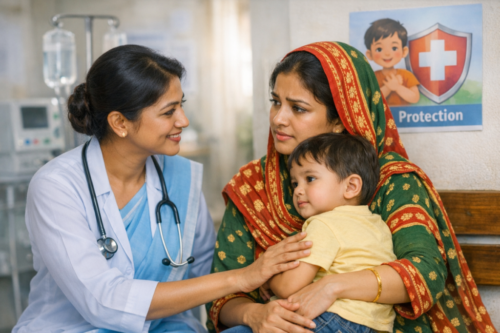 বাংলাদেশে একটি হাসপাতালে বিশেষজ্ঞ চিকিৎসকের কাছ থেকে শিশুর হামের বিষয়ে পরামর্শ নিচ্ছেন একজন মা।