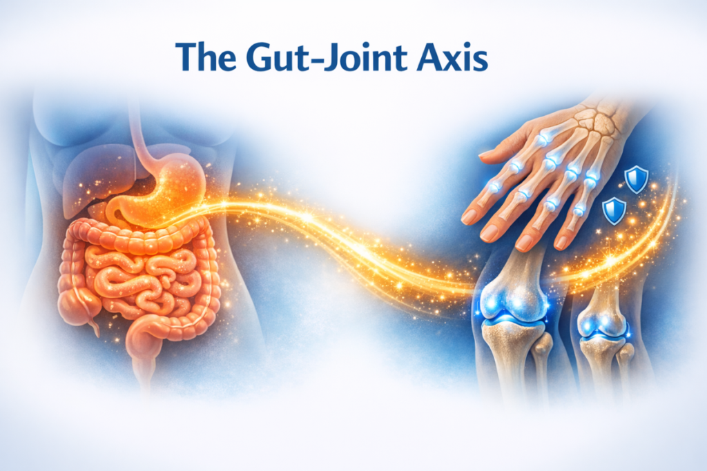 Conceptual diagram showing the Gut-Joint Axis connection between digestive health and joint inflammation.