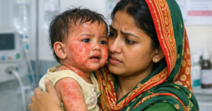 বাংলাদেশে হামে আক্রান্ত শিশু এবং তার চিন্তিত মা হাসপাতালে চিকিৎসার অপেক্ষায়।