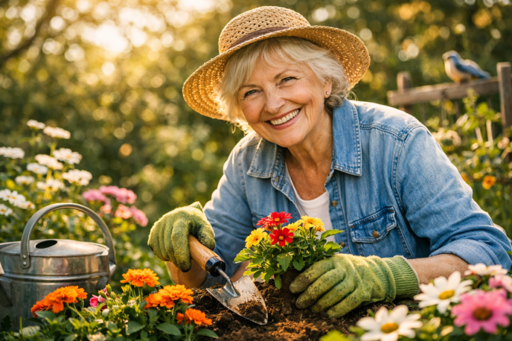 A happy senior woman smiling while gardening, representing an active lifestyle and healthy cognitive aging protecting against neuronal burnout.