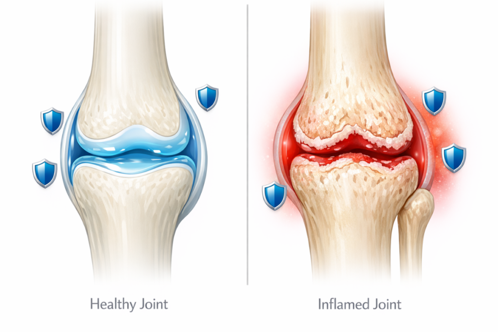 Comparison of a healthy joint and an inflamed joint with protective shields representing lignan antioxidants.