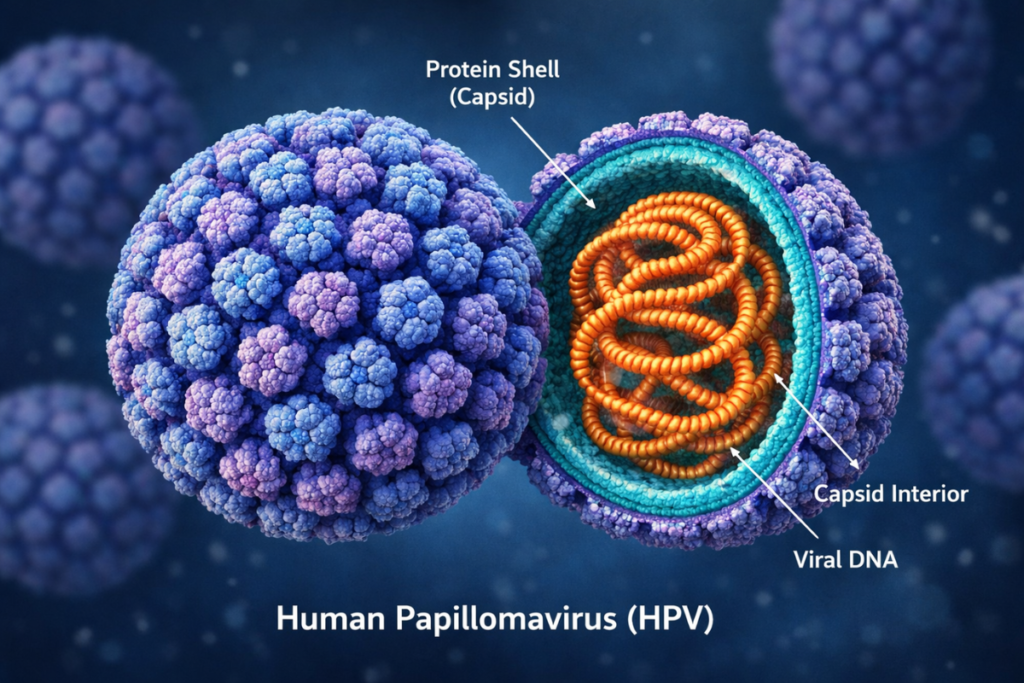 জরায়ুমুখ ক্যান্সারের প্রধান কারণ হিউম্যান প্যাপিলোমা ভাইরাসের (HPV) থ্রিডি গঠন।