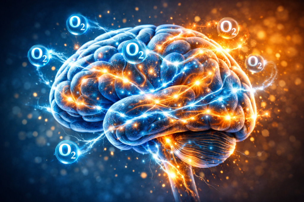 3D glowing human brain surrounded by O2 molecules, illustrating how iron from pumpkin seeds fuels oxygenation and senior brain health.