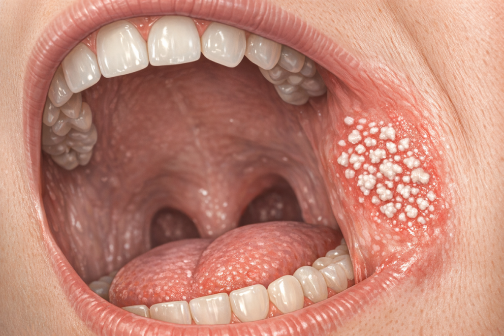 হামের প্রাথমিক লক্ষণ হিসেবে গালের ভেতরের ঝিল্লিতে ছোট সাদাটে কপ্লিক স্পটস