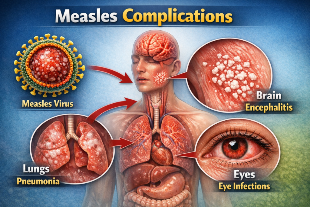 হামের মারাত্মক জটিলতাসমূহ যেমন নিউমোনিয়া, এনসেফালাইটিস এবং চোখের সংক্রমণের বৈজ্ঞানিক চিত্র।