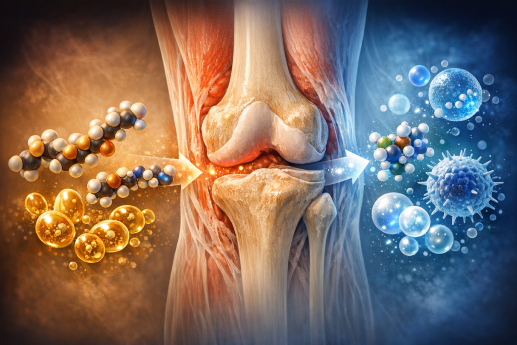 Molecular illustration of Omega-3 fatty acids providing natural joint pain relief and lubrication.