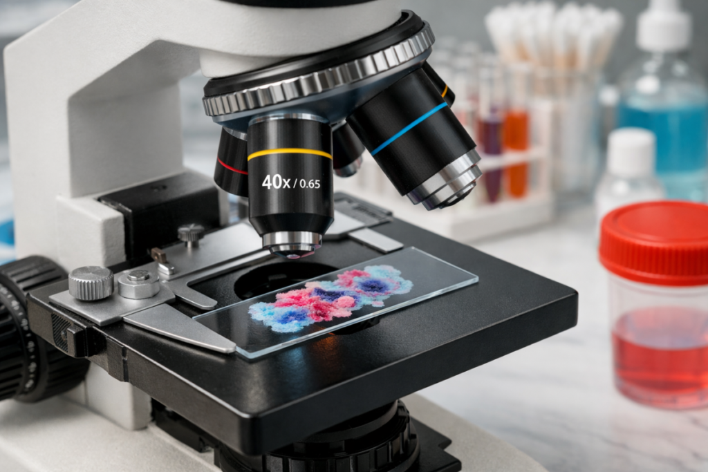 জরায়ুমুখ ক্যান্সার নির্ণয়ে ল্যাবরেটরিতে মাইক্রোস্কোপের নিচে প্যাপ স্মিয়ার (Pap Smear) স্যাম্পল পরীক্ষার দৃশ্য।