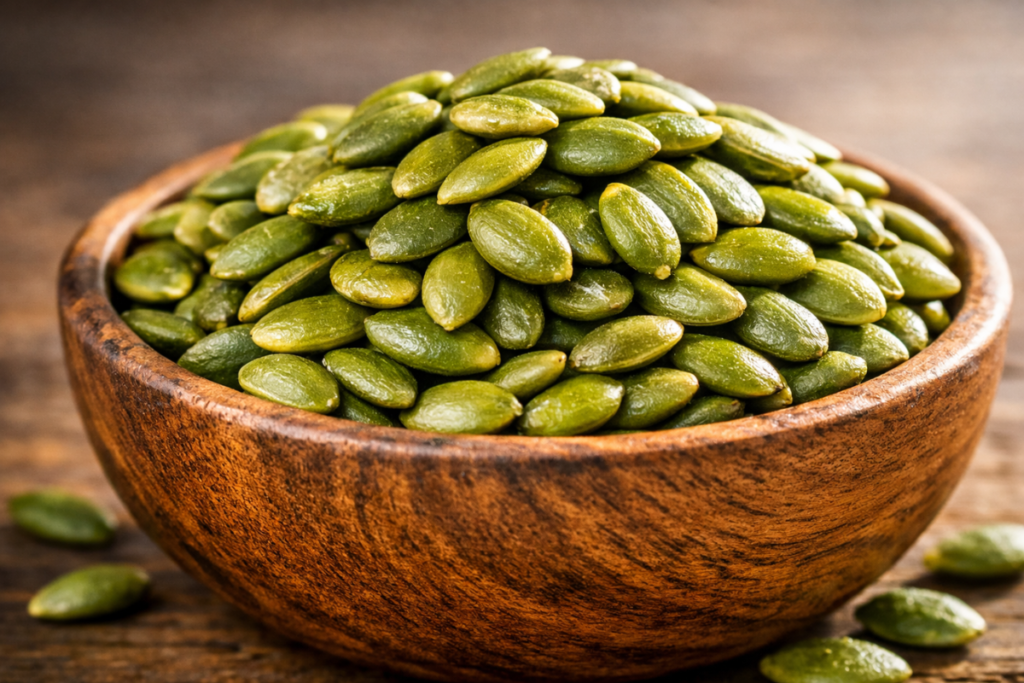 A wooden bowl filled with vibrant green pumpkin seeds packed with neuro-protective compounds for senior brain health.