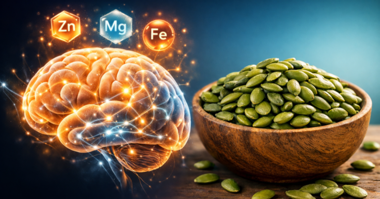 Senior brain health showing pumpkin seeds and brain neural connections with zinc and magnesium ions.