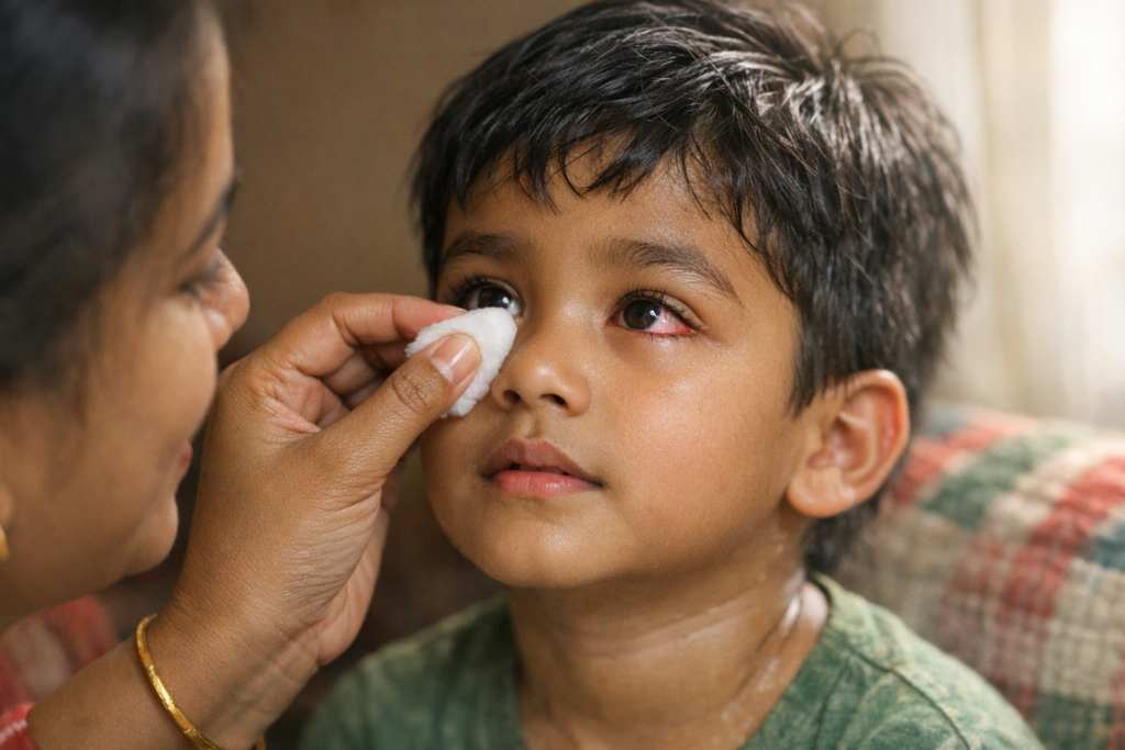 হামে আক্রান্ত শিশুর হামের যত্ন ও চোখের লালভাব দূর করতে পরিষ্কার তুলা ব্যবহার।