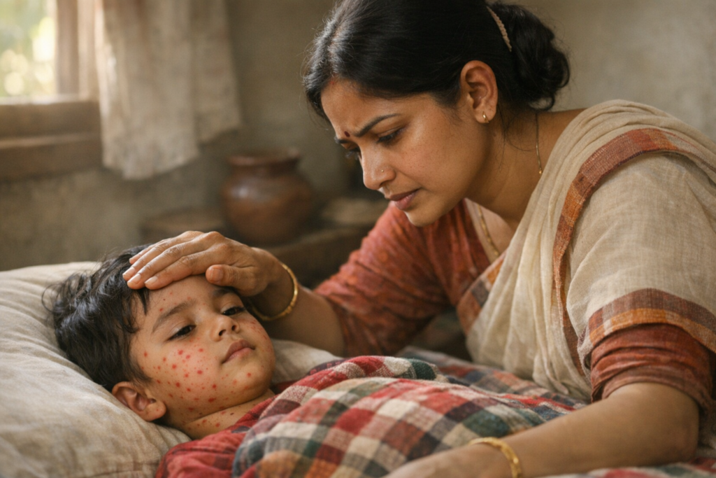 বাংলাদেশে ঘরে বসে হামে আক্রান্ত শিশুর যত্ন নিচ্ছেন একজন মা।