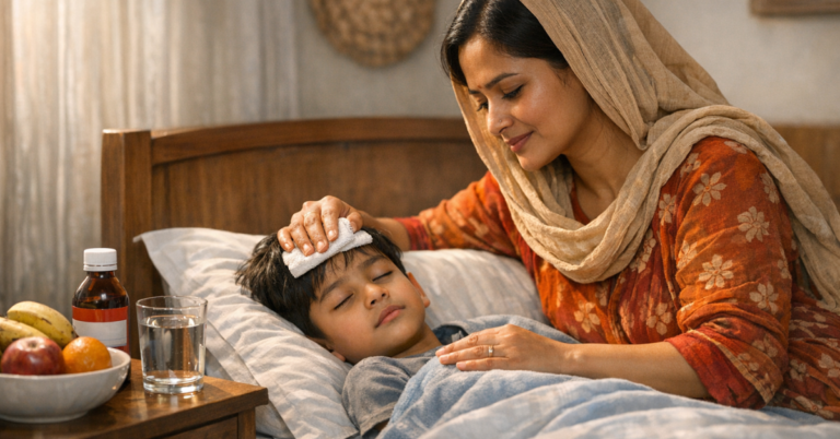 শিশুর হামের যত্ন নিতে মা কপালে হাত দিয়ে জ্বর পরীক্ষা করছেন।