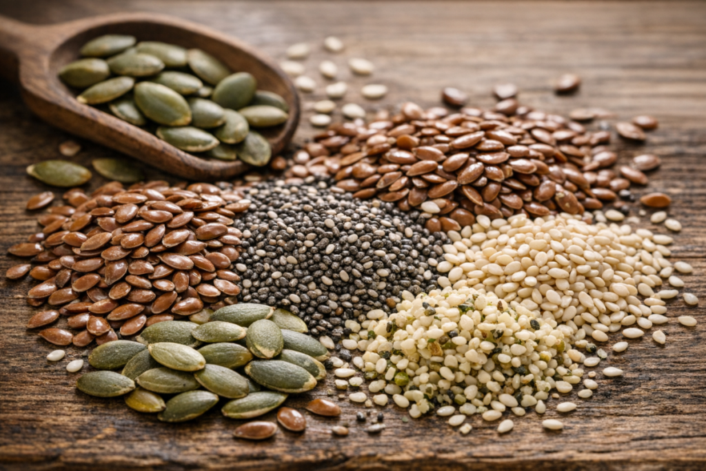 A variety of healthy seeds including flax, chia, pumpkin, and sesame seeds on a rustic wooden surface.