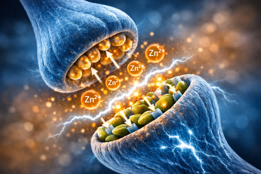 Medical illustration of a brain synapse showing zinc ions from pumpkin seeds facilitating neural communication for senior brain health.