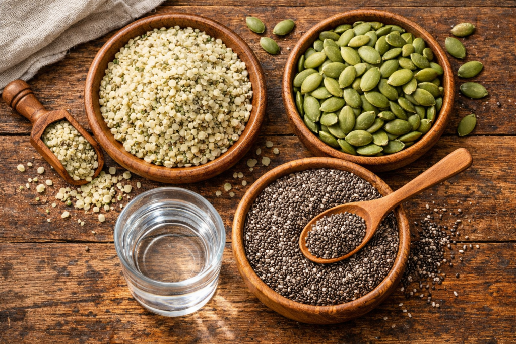 Overhead shot of hemp hearts, pumpkin seeds, and chia seeds in wooden bowls with a glass of water on a rustic table.
