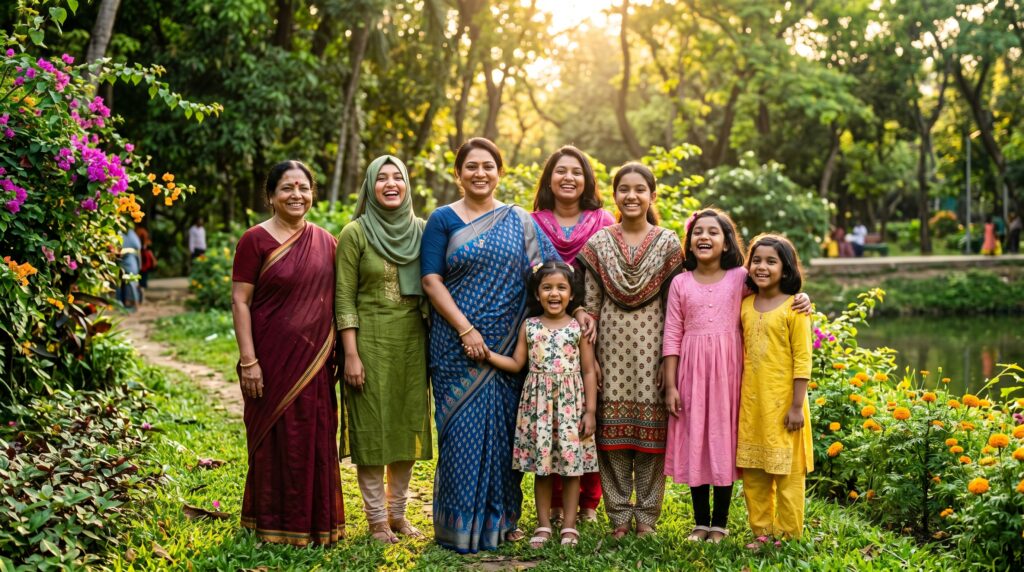 একটি ক্যানসারমুক্ত ও সুস্থ ভবিষ্যতের প্রতীক হিসেবে হাসিমুখে দাঁড়িয়ে থাকা একদল বাংলাদেশি নারী ও শিশু