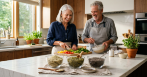 A vibrant arrangement of hemp, pumpkin, and chia seeds with an active senior couple laughing in a sunlit kitchen, illustrating muscle recovery.