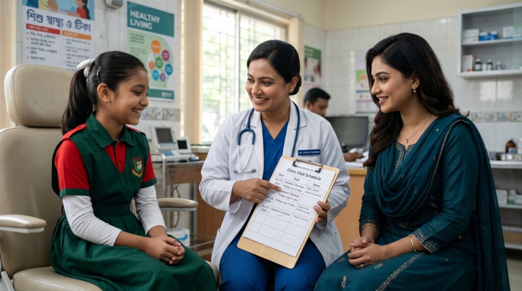 বাংলাদেশে চিকিৎসকের মাধ্যমে কিশোরী ও প্রাপ্তবয়স্ক নারীদের জন্য HPV vaccine বা এইচপিভি টিকার সঠিক বয়স ও ডোজের সময়সূচী প্রদর্শনের দৃশ্য