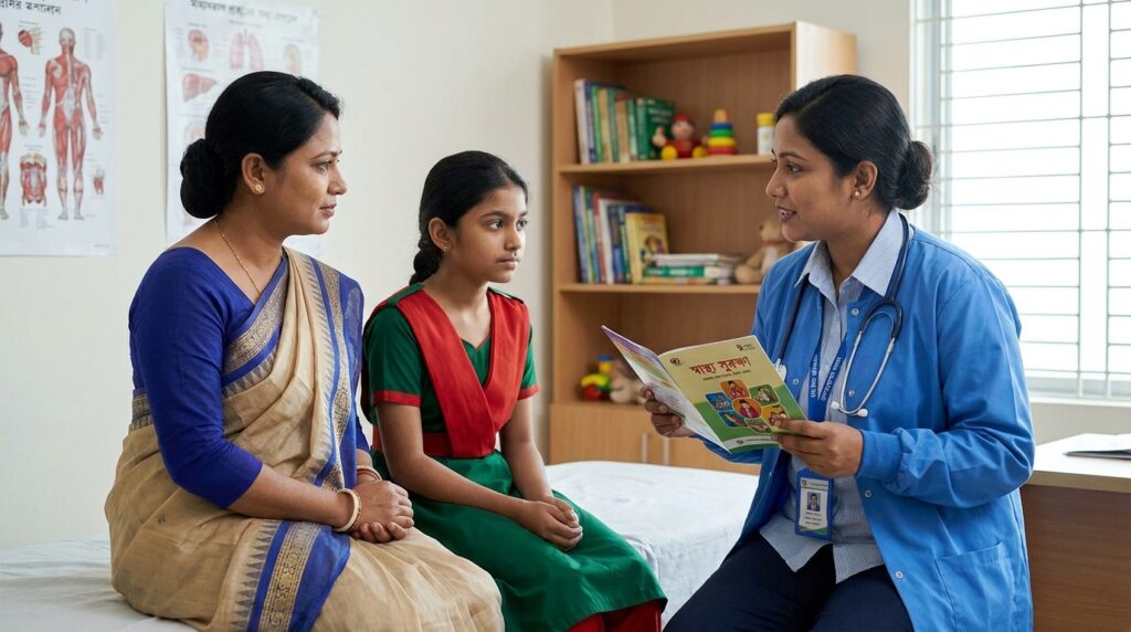 একটি বাংলাদেশি পরিবারকে চিকিৎসকের মাধ্যমে HPV vaccine বা এইচপিভি টিকার গুরুত্ব বুঝিয়ে বলার দৃশ্য