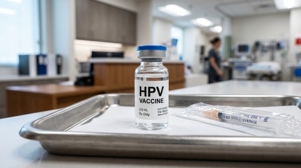 একটি আধুনিক হাসপাতালের ট্রের ওপর রাখা HPV vaccine বা জরায়ুমুখ ক্যান্সারের টিকার বোতল এবং সিরিঞ্জ