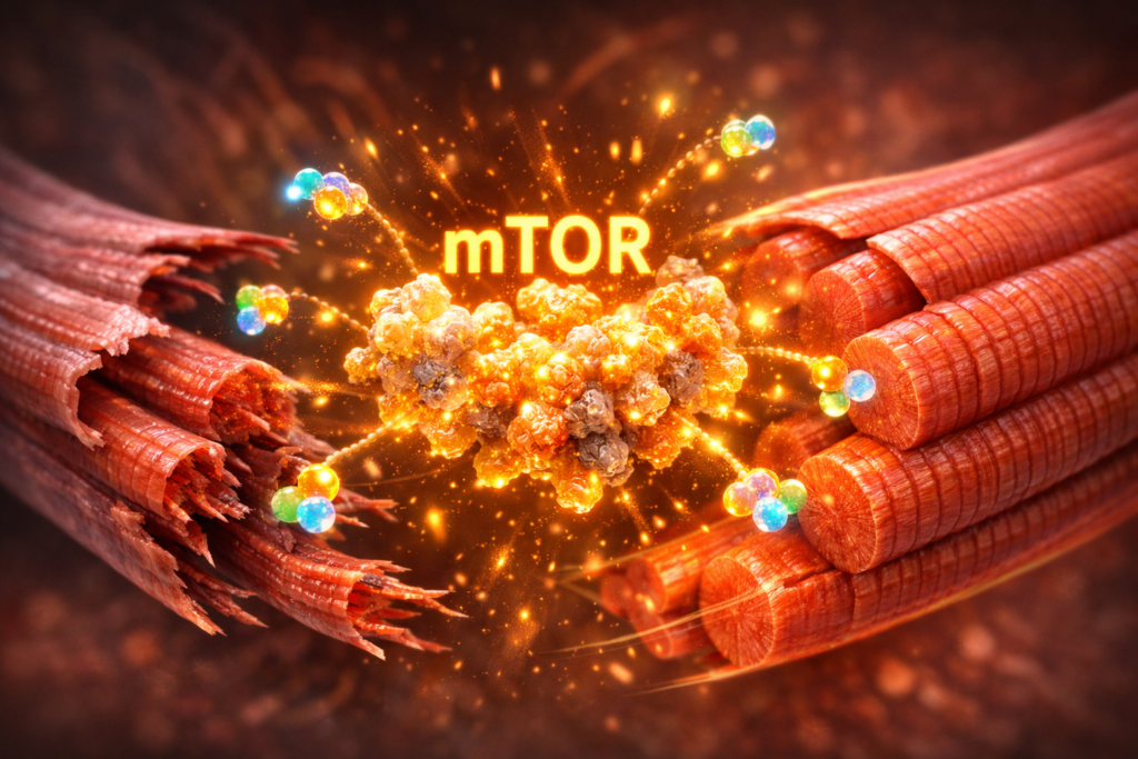 3D scientific illustration of mTOR pathway activation repairing muscle fibers using amino acids.