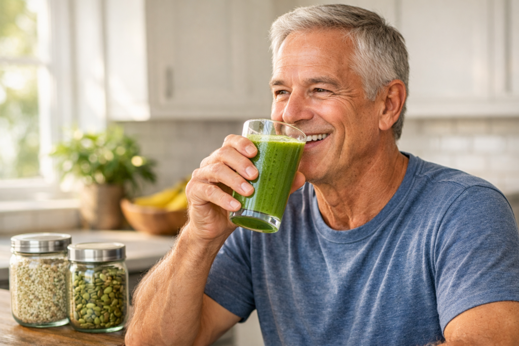 Smiling active senior man drinking a green smoothie in a sunlit kitchen with jars of hemp and pumpkin seeds.