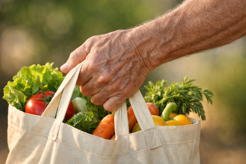 Close-up of a senior hand holding a grocery bag representing sarcopenia and age-related muscle loss.