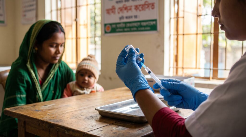 সরকারি টিকাদান কেন্দ্রে শিশুর হাম প্রতিরোধ নিশ্চিত করতে স্বাস্থ্যকর্মী কর্তৃক এমআর টিকা প্রস্তুত করার দৃশ্য।