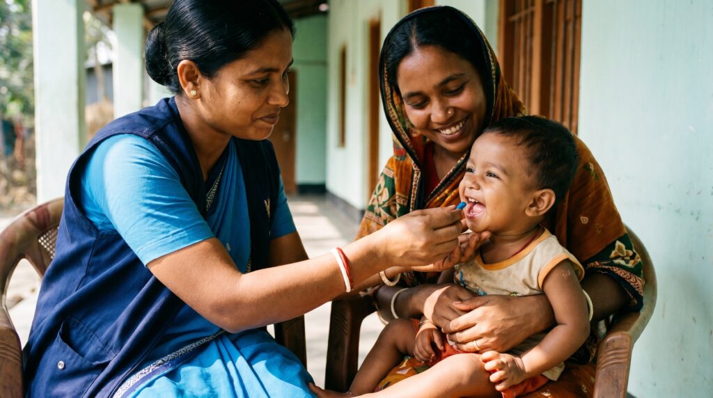 জাতীয় ক্যাম্পেইনে শিশুর হাম প্রতিরোধ ও সুরক্ষায় নীল রঙের উচ্চক্ষমতাসম্পন্ন ভিটামিন-এ ক্যাপসুল খাওয়ানোর দৃশ্য।