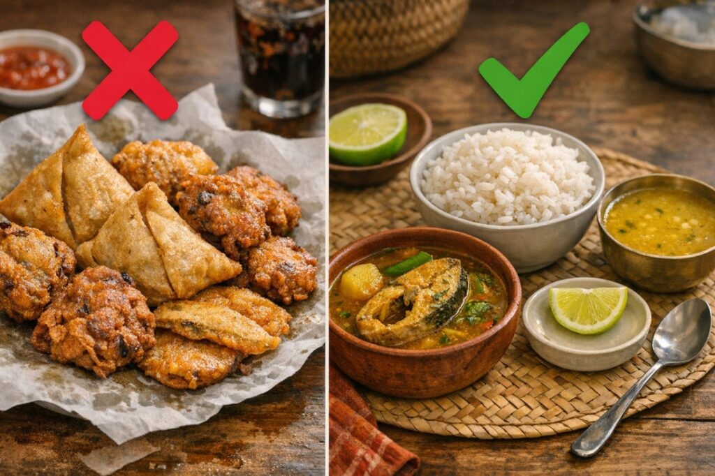 বাম পাশে লাল ক্রস চিহ্নিত অতিরিক্ত তেলে ভাজা সিঙ্গারা ও পিয়াজু এবং ডান পাশে সবুজ টিক চিহ্নিত কম তেলের স্বাস্থ্যকর ভাত ও মাছের ঝোলের তুলনা।