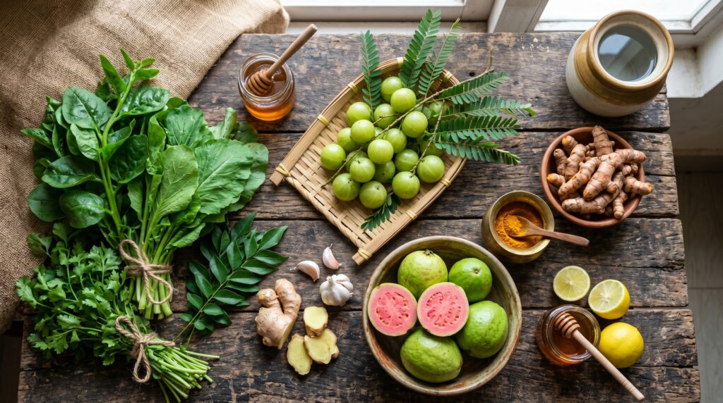 Flat-lay of Bangladeshi local immune-boosting foods like Amloki, Guava, Turmeric, and green leafy vegetables for holistic health by SaziBox Health.