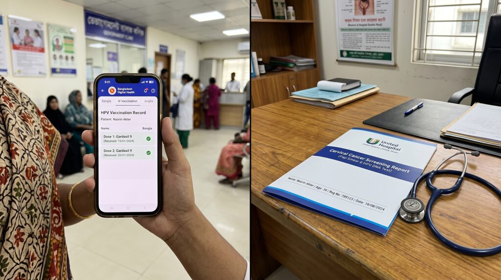 জরায়ুমুখ ক্যান্সার প্রতিরোধে এইচপিভি ভ্যাকসিনেশন রেকর্ড এবং প্যাপ স্মেয়ার (Pap Smear) স্ক্রিনিং রিপোর্টের সমন্বিত চিত্র।