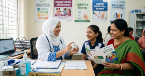 এইচপিভি ভ্যাকসিন নিয়ে প্রচলিত ভুল ধারণা (HPV Vaccine Myths vs Facts) দূর করতে মা ও মেয়েকে সঠিক ও বিজ্ঞানসম্মত পরামর্শ দিচ্ছেন একজন নারী চিকিৎসক।