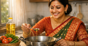 একটি ঐতিহ্যবাহী শাড়ি পরা বাংলাদেশি নারী রান্নাঘরে কড়াইতে চা চামচ মেপে সয়াবিন তেল দিচ্ছেন, পাশে তেলের বোতল ও তাজা সবজি রাখা।