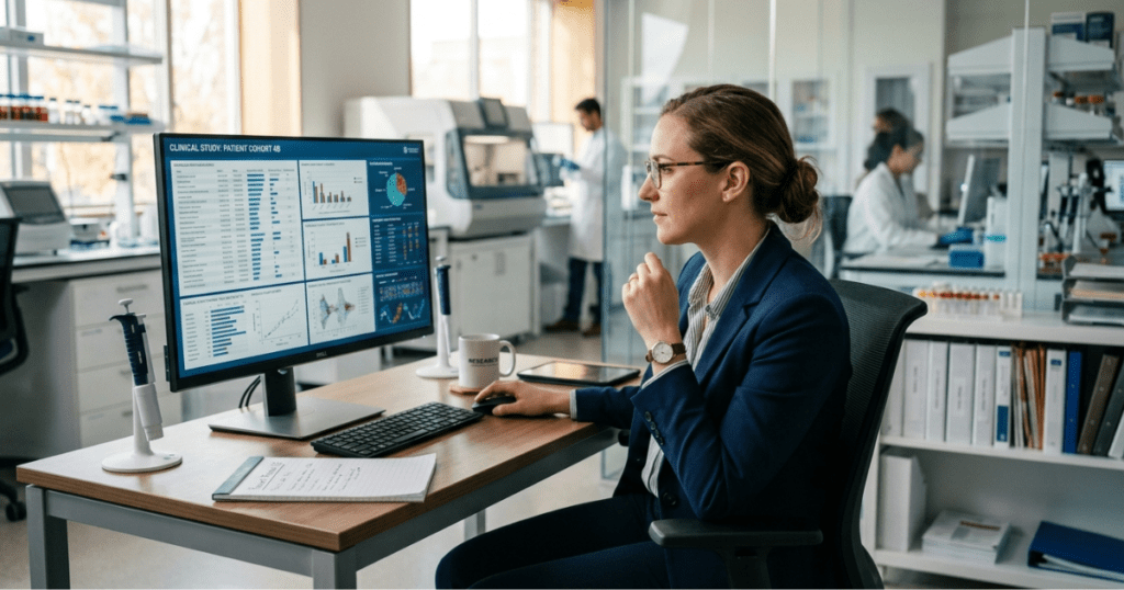 Medical researcher evaluating patient cohort clinical study data dashboard on desktop monitor