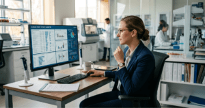 Medical researcher evaluating patient cohort clinical study data dashboard on desktop monitor