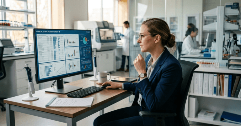 Medical researcher evaluating patient cohort clinical study data dashboard on desktop monitor