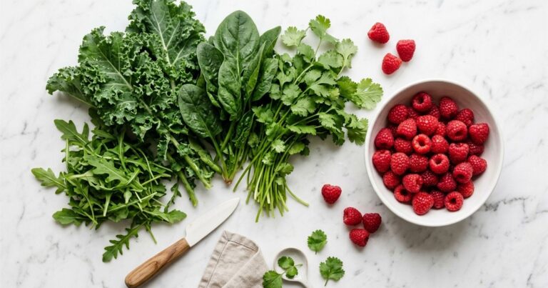 Fresh leafy greens, cilantro, and raspberries arranged on a marble counter representing foods linked to Cyclospora outbreak