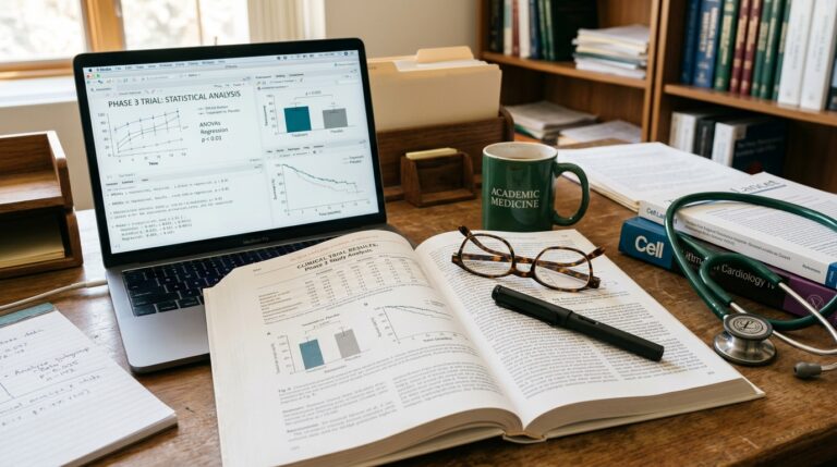 Academic medical research workspace featuring statistical data on a laptop, an open clinical journal, a stethoscope, and top publication textbooks.