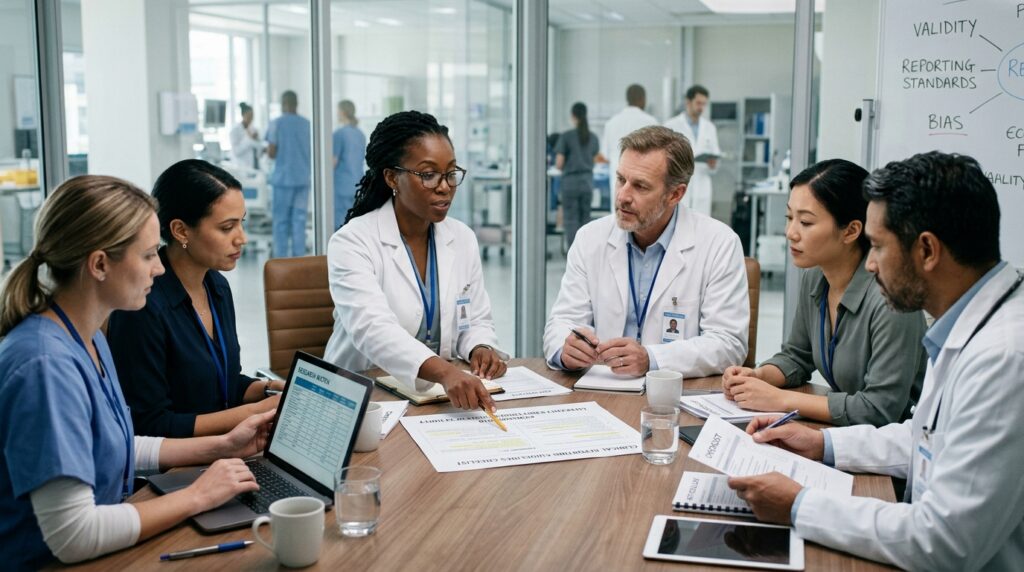 A multidisciplinary clinical research team reviewing research guidelines and manuscript reporting checklists in a hospital meeting room.