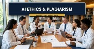 Medical researchers and authors reviewing scientific manuscripts following AI Ethics & Plagiarism guidelines by COPE and ICMJE
